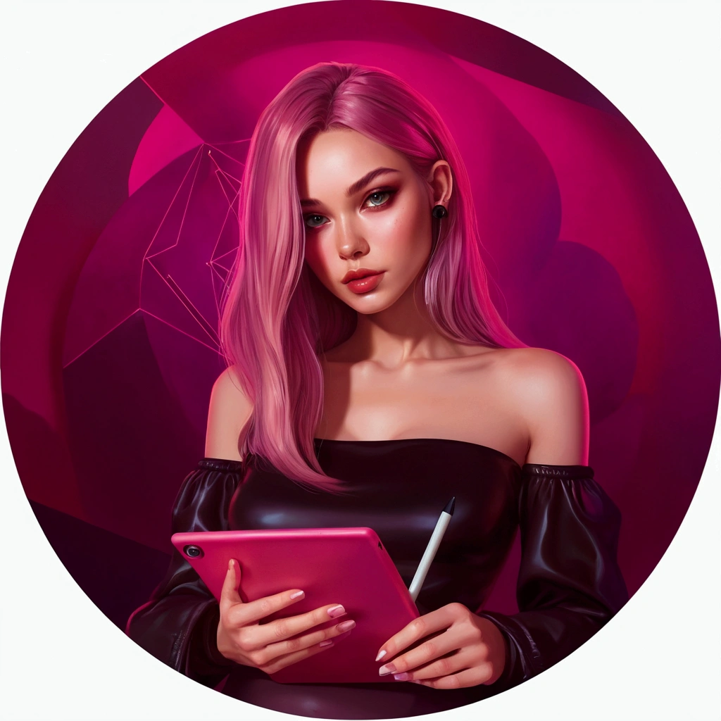  Image of a woman with a tablet and pen,  digital illustration, Стилизованная digital illustration, Dreamy girl in cyberpunk style, glossy digital painting, stylized digital art, реалистичная digital illustration