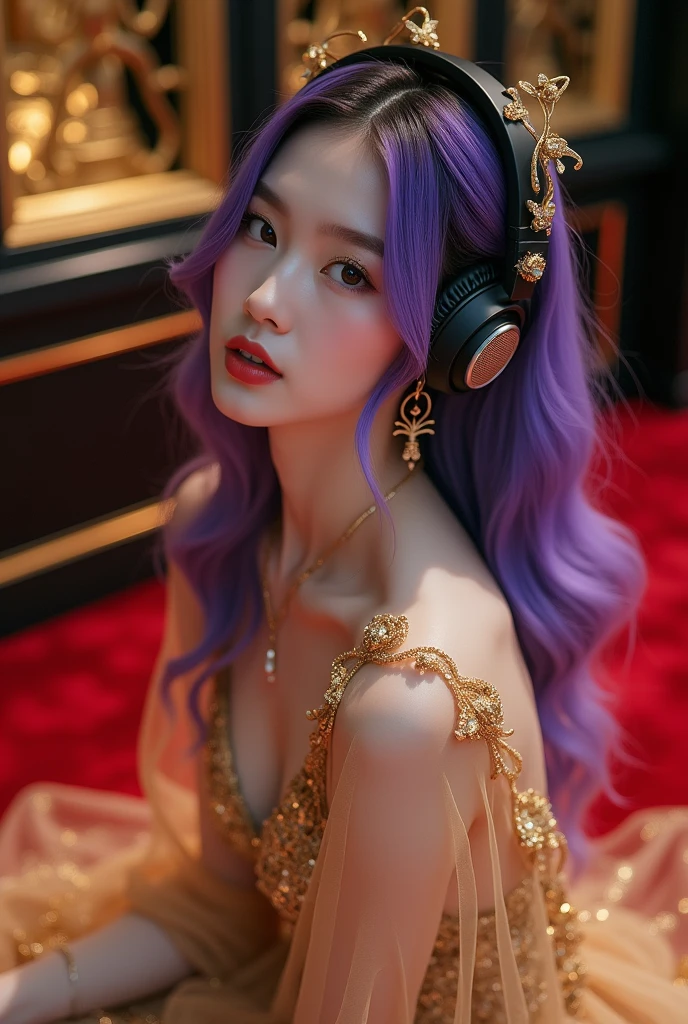 Korean butterfly woman with purple hair, wearing headphones and a transparent golden and brown dress. Elegant, luxurious red carpet look for the Digital Talent Awards, featuring gold decor and black accents.