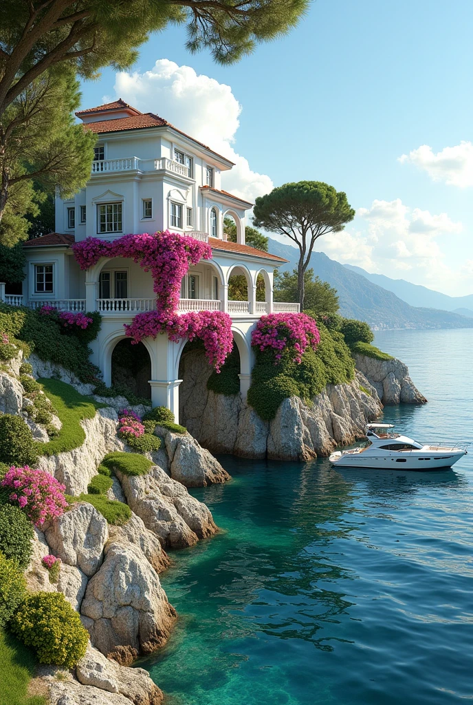 An image where I'm on a yacht and I can see a house on a cliff, the white house with bougainvillea in the arches and a garden with beautiful flowers around it and with a well-trimmed grass, Don't include me in the photo., I need the house to be bigger like a mansion, And that in the arches of the mansion there are also arches of bougainvillea
