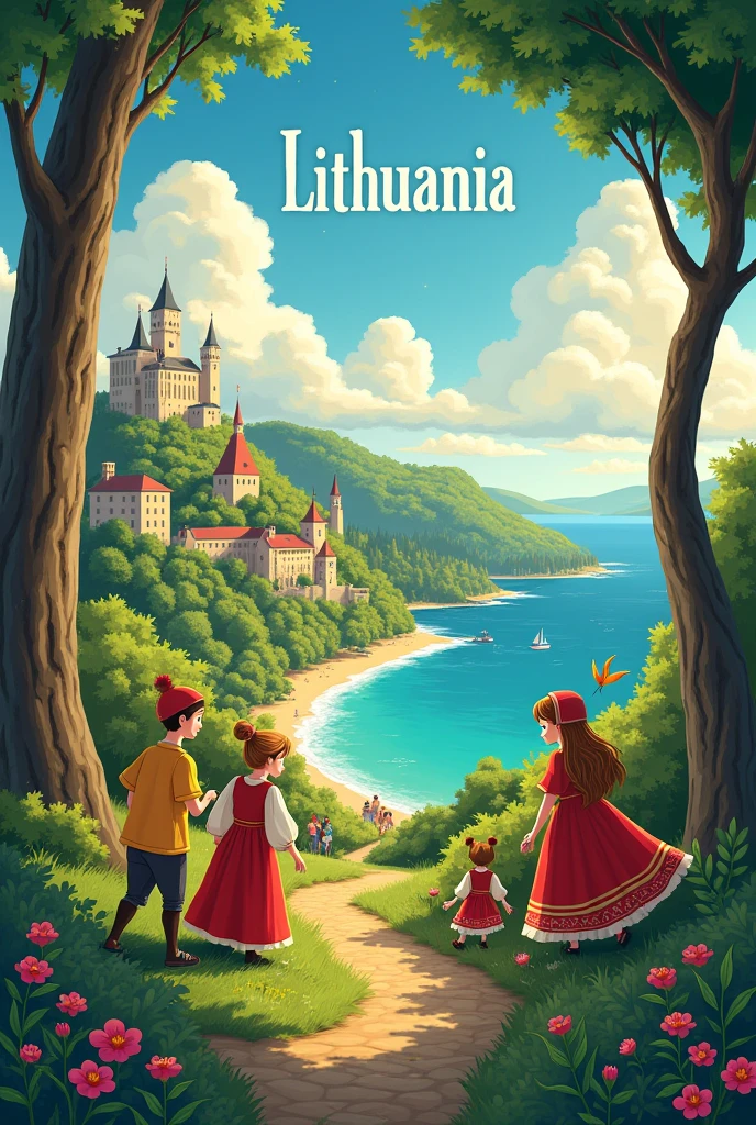 Generate a disney like movie poster that would be placed in Lithuabia with its landmarks. Add title Lithuania in top middle of the poster