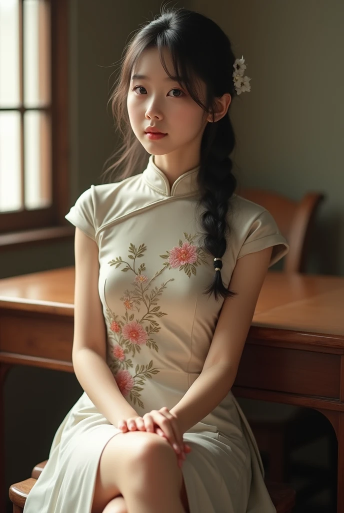 Young Asian girl in white cheongsam with embroidert, sitting on a desk with long bare legs crossed