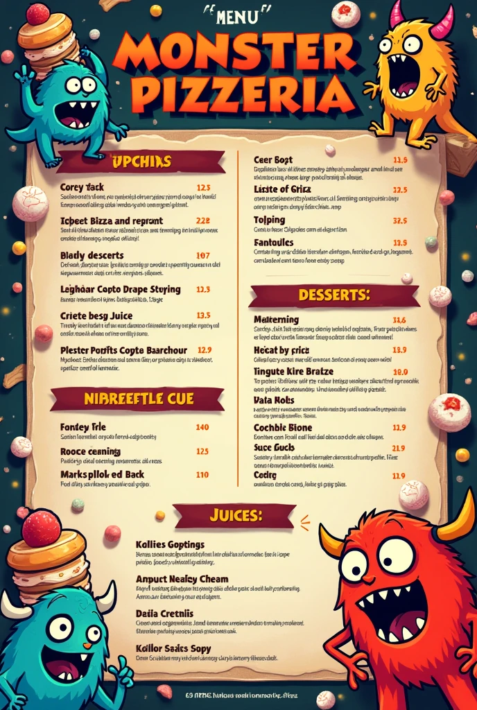the menu of "Monster Pizzeria"
1. **pepperoni:**
- Ingredients: pepperoni, tomato, onion, corn, pasta, cheese.
- Price: R$4,50
2. **chicken:**
- Ingredients: tomato, cheese, curd cheese, onion, Mussarela, corn.
- Price: R$4,50
3. **Passion Fruit Mousse:**
- Ingredients: passion fruit, Heavy cream, condensed milk, chocolate drops.
- Price: R$1,50
4. **Lemon mousse:**
- Ingredients: Heavy cream, condensed milk, lemon.
- Price: R$1,50
5. **juices:**
- Options: orange, passion fruit, grape.
- Price: R$2,$0.00 each
And we can't forget the phrase in the footer: "Happiness in Portuguese is synonymous with 'pizza'!" In Portuguese