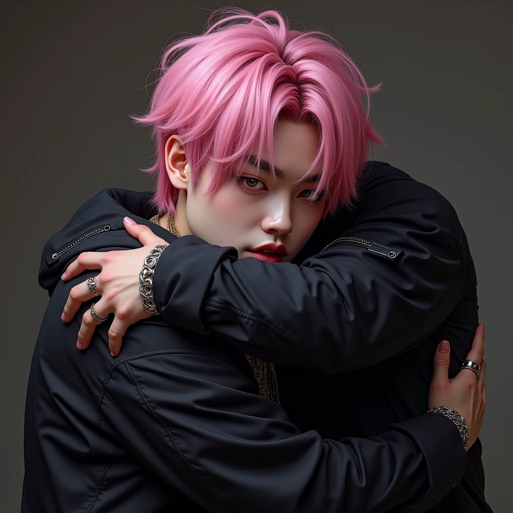 realistic Korean man of 25 years, pink hair and good body, hugs a gothic style plush