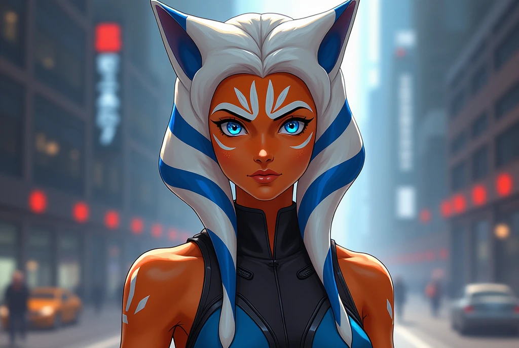 Ahsoka Tano, anime togruta girl, Star Wars, Togruta specime, in a secret organization outfit, her eyes are serene, she is coming out of a battle, beautiful eyes, blue eyes