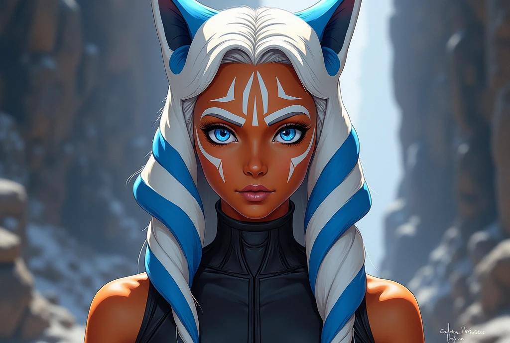 Ahsoka Tano, anime togruta girl, Star Wars, Togruta specime, in a secret organization outfit, her eyes are serene, she is coming out of a battle, beautiful eyes, blue eyes