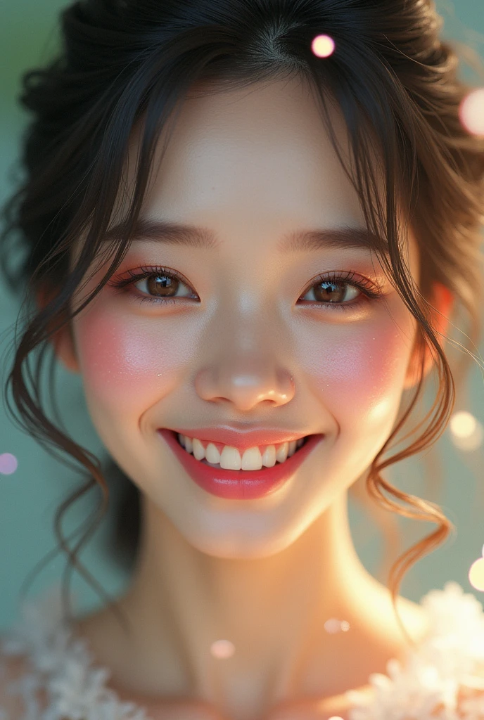 (8k, CRU photo, photorrealistic:1.25) ,( Lip gloss, eyelash, bright face, shining skin, best qualityer, ultra high resolution, Depth of field, Chromatic aberration, caustics, wide lighting, natural shading,KPOP Idol) looking at the viewer with a serene, goddess-like happiness,