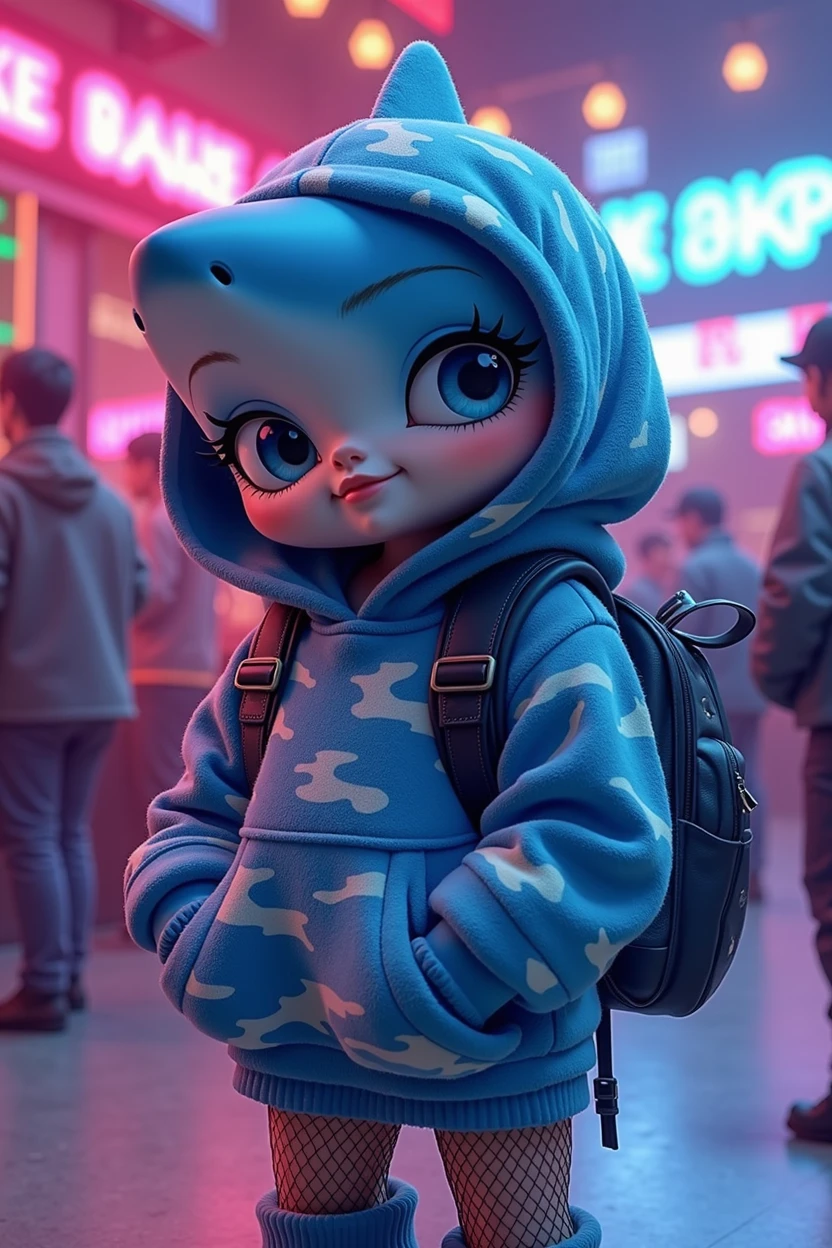 Blue shark,female,cute,tail,Strip club background,looking at viewer,fishnets,snow camouflage backpack,snow camouflage pants,snow camouflage hoodie