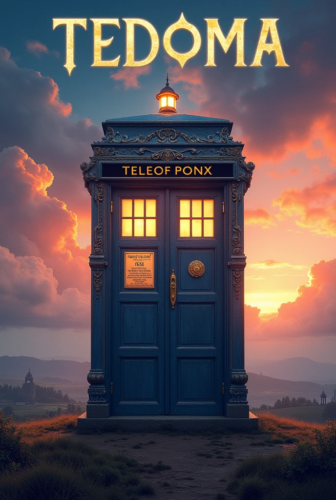 Image generated of a telephone booth with a sky background, Promotional Art BBC, by Wayne England, Fantastical telephone booth, Written on top of the booth TEDOMA, fancy, 3840x2160, 3840 x 2160, por Derek Hill, Dr. Quem, por Jason Benjamin, Direction: Steve Prescott