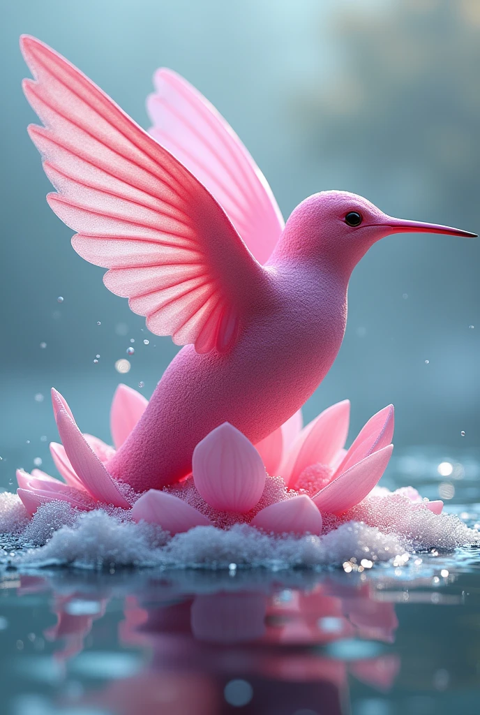 Hummingbird made of pink sea waves with a lotus flower emerging and foam