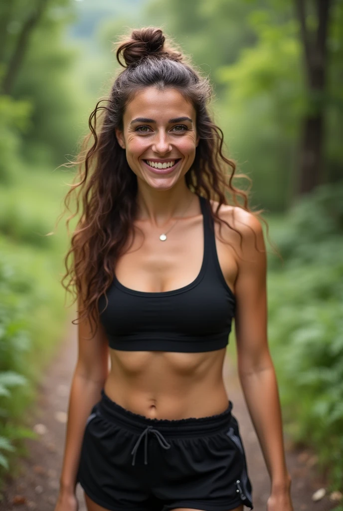Woman. Long brown curly hair, slightly frizzy. Up in a messy bun. Brown eyes, caucasion. Smiling, dimples showing. Outside, on a hike. Wearing black shorts and a sports bra. Grainy photo quality, as if from phone.