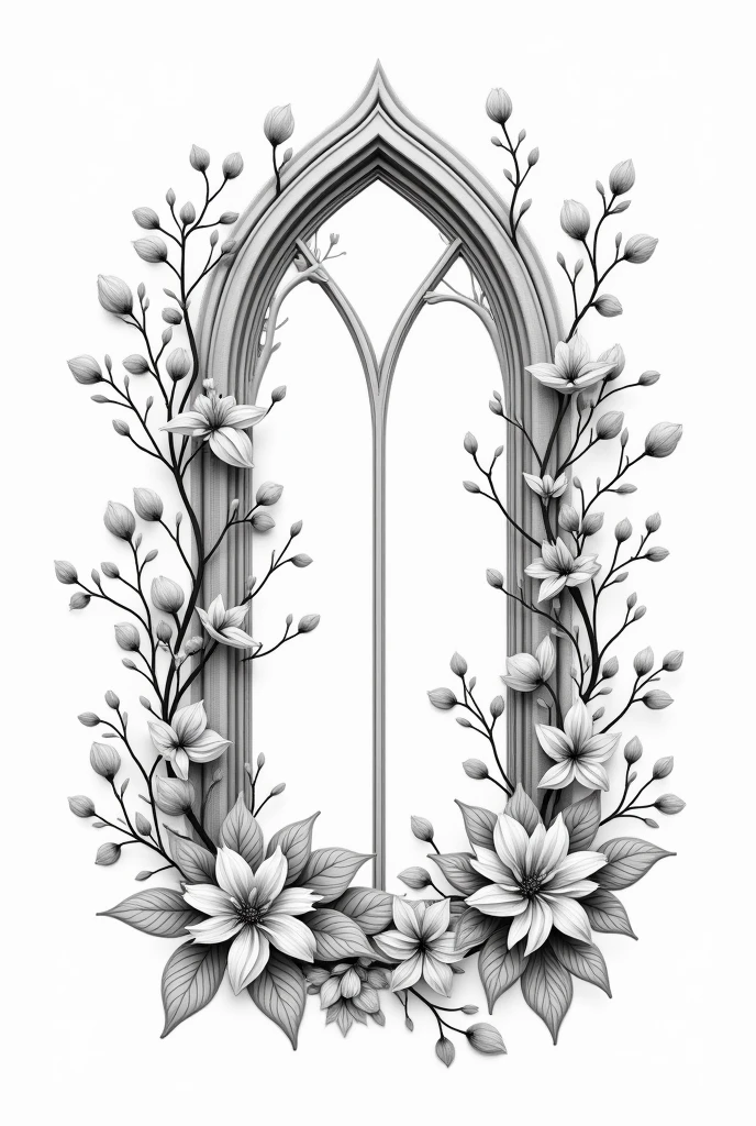 
The church window is framed by fine, filigree flowers and delicate branches. These flowers are supposed to be bellflowers that gently wind around the window. The branches are elegantly curved, with small buds and many leaves, which give the design a natural and organic touch.
The lines should be thin and detailed, to give the tattoo a delicate and elegant aesthetic. The image should be black and white Create an image according to the description 
