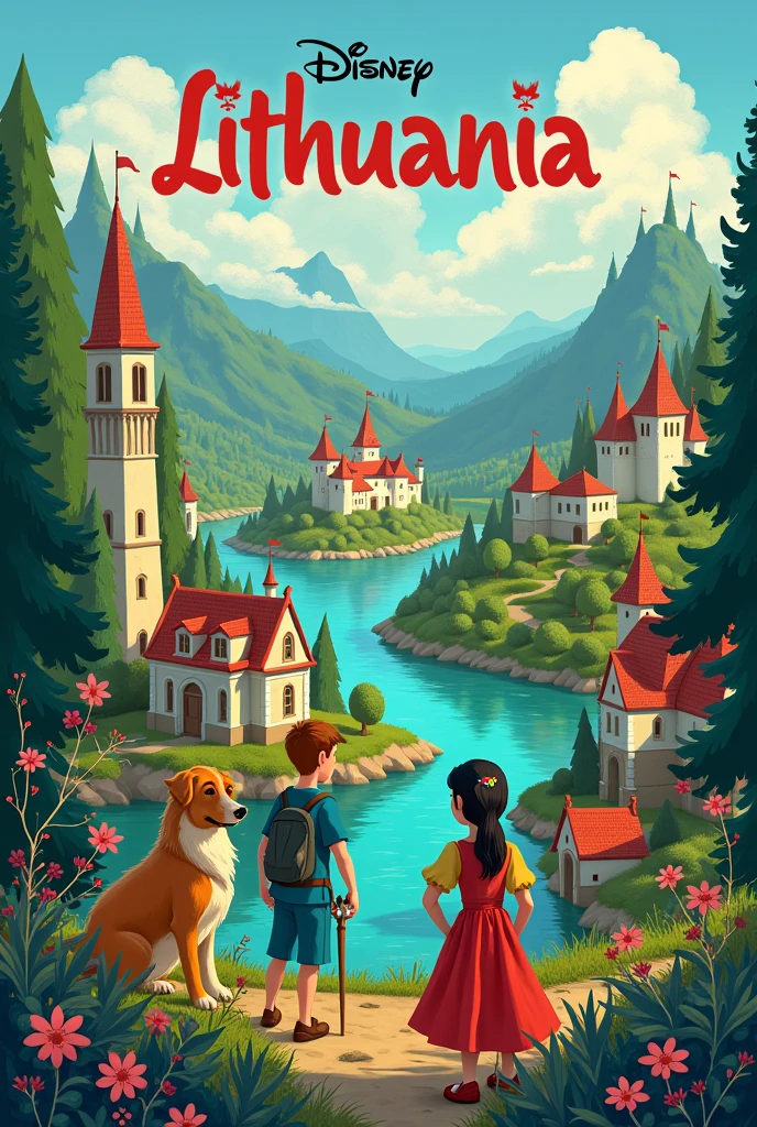 Generate a disney like movie poster that would be placed in Lithuania with its landmarks. Add title Lithuania in top middle of the poster
