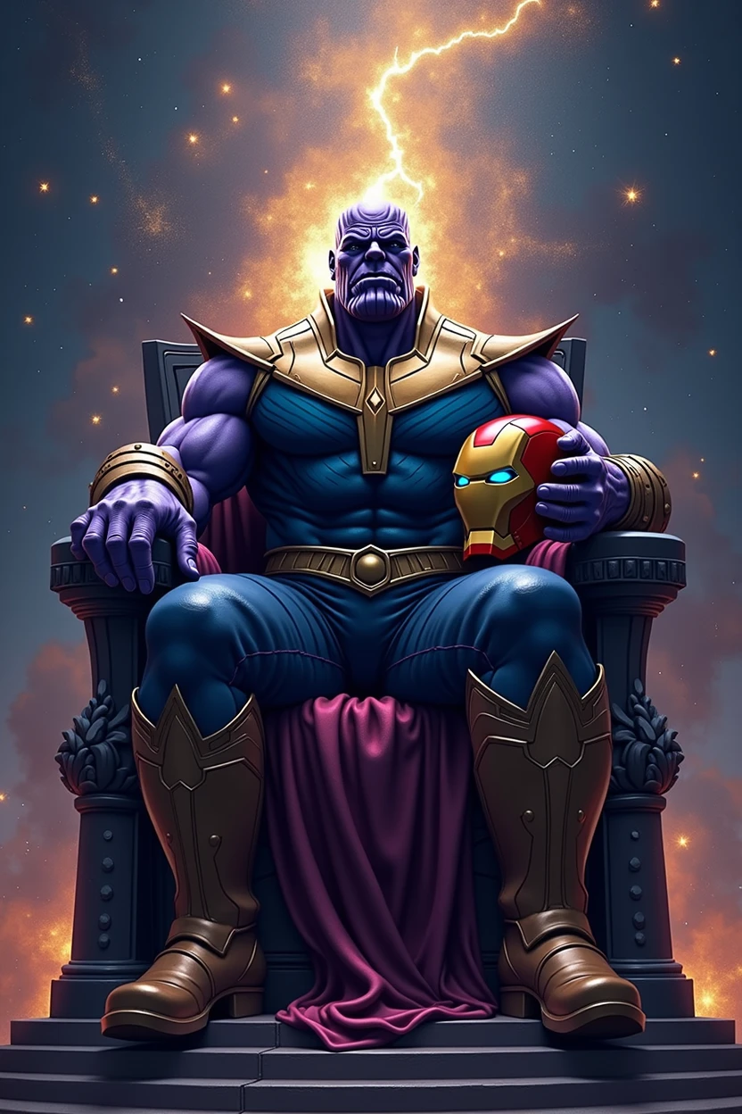 I'm creating an ebook about Marvel Cosmology, create a cover for this ebook, presenting the title below, use a denser background, and put Thanos character, on her throne, with Iron Man's helmet in one hand