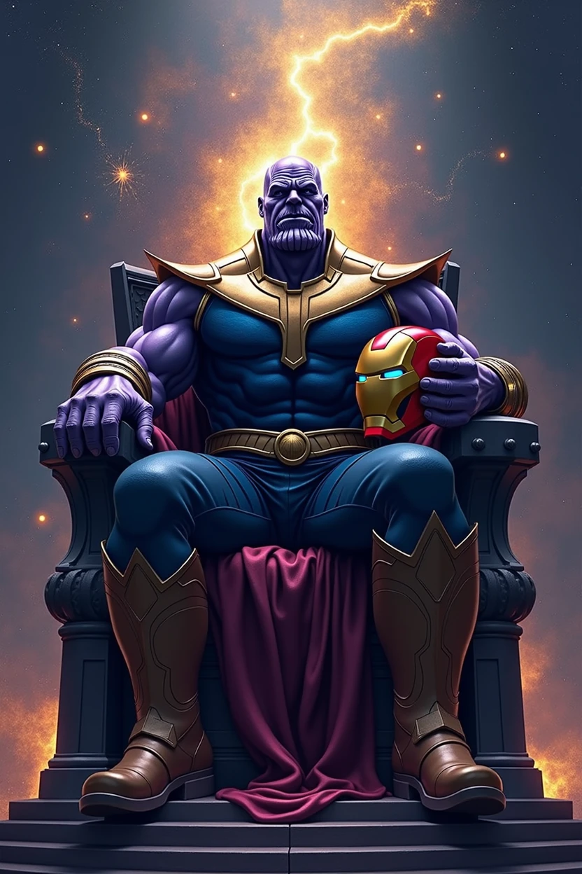 I'm creating an ebook about Marvel Cosmology, create a cover for this ebook, presenting the title below, use a denser background, and put Thanos character, on her throne, with Iron Man's helmet in one hand