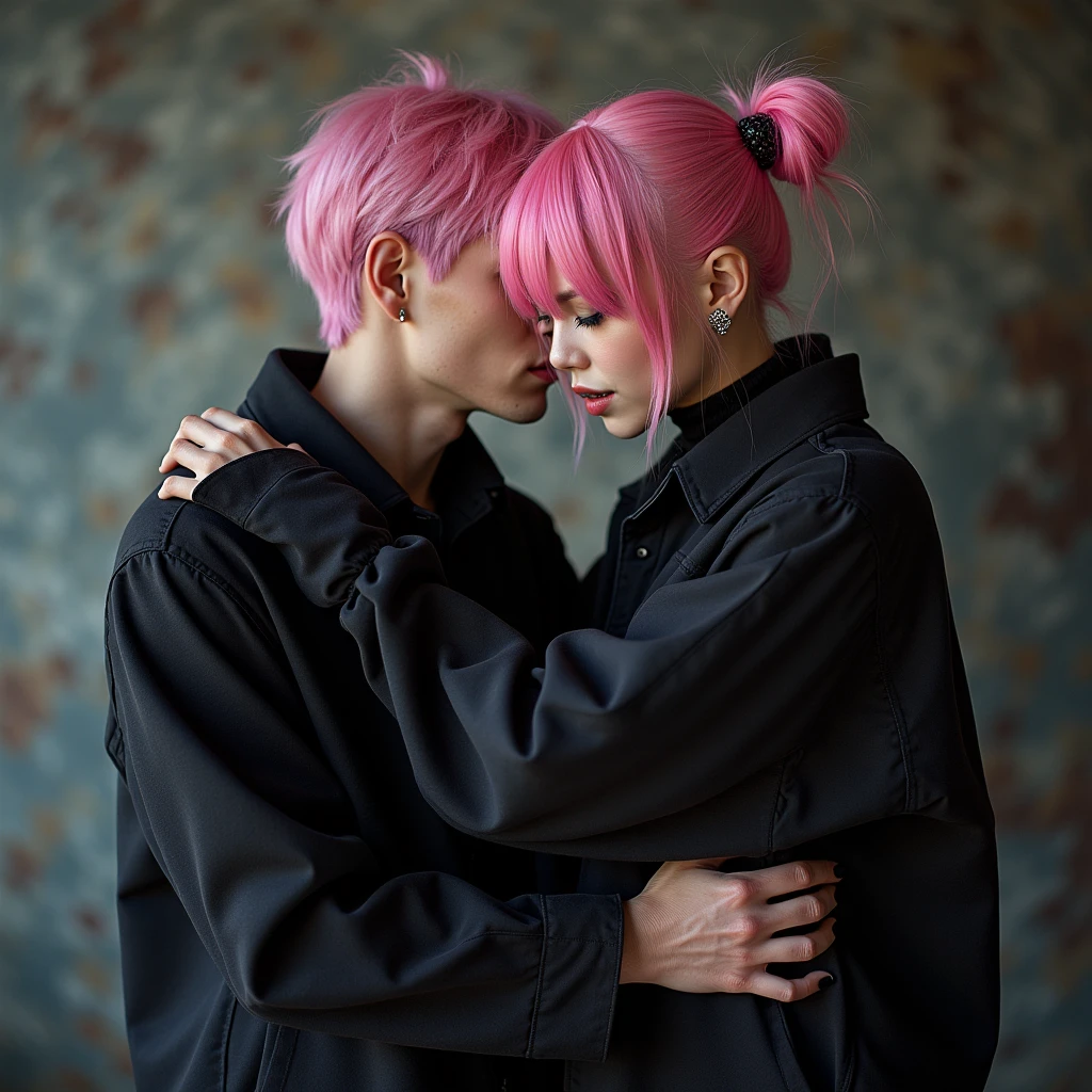 realistic Korean man of 25 years, pink hair and good body, hugs a gothic style plush