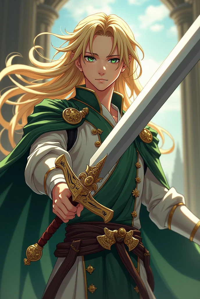 Young blonde man with long hair, with the clothes of a nobleman, com um grande claymore, greeneyes, anime styling