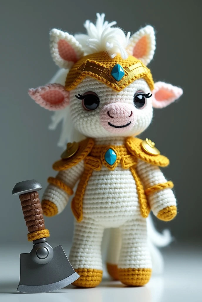 Crocheted amigurumi of the character Hylos from the game mobile legends, He is a white centaur with golden armor and a helmet with wings, he has elf features, Half human of light tea, half white horse, he carries a large axe with a blue gem, he has completely white and slanted eyes the armor is not complete, if he does not wear a bare torso and only armor over his helmets, shoulders and on his head 