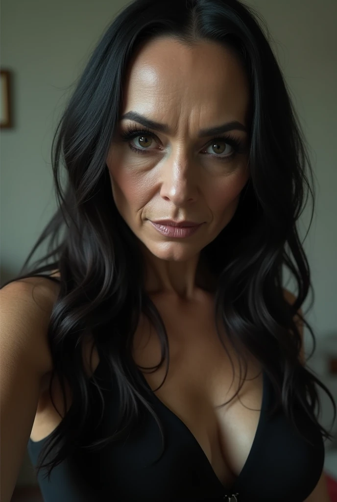 Dominatrix over 40 years old,60 year old woman, thin wrinkles, pose for selfie not Instagram, black gown, heavy makeup with long black hair and black eyes looking at the camera, detailed photo, realistic lighting, top quality real skin: 1.4, Enhanced cinematic lighting: 0.9,hyperrealisti: 1.4, (soft lighting: 1.05) moving figure, sexy dominant pose, domination, mistress, BDSM