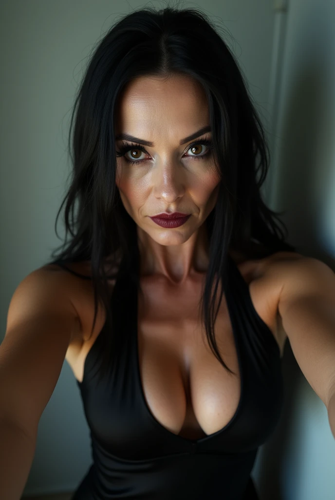Dominatrix over 40 years old,60 year old woman, thin wrinkles, pose for selfie not Instagram, black gown, heavy makeup with long black hair and black eyes looking at the camera, detailed photo, realistic lighting, top quality real skin: 1.4, Enhanced cinematic lighting: 0.9,hyperrealisti: 1.4, (soft lighting: 1.05) moving figure, sexy dominant pose, domination, mistress, BDSM