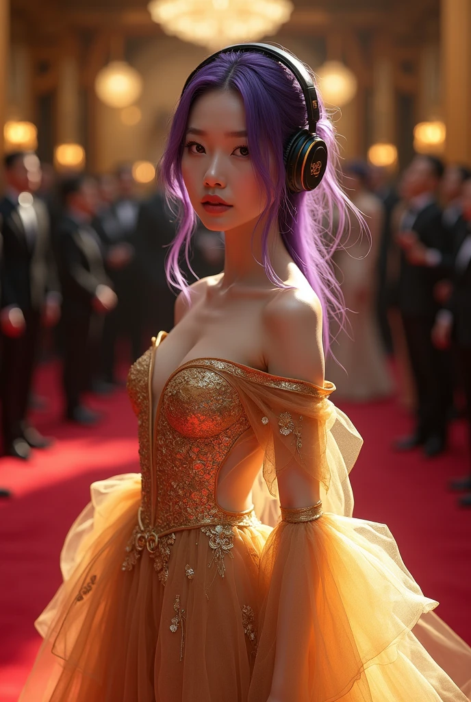 Korean butterfly woman with purple hair, wearing headphones and a transparent golden and brown dress. Elegant, luxurious red carpet look for the Digital Talent Awards, featuring gold decor and black accents.