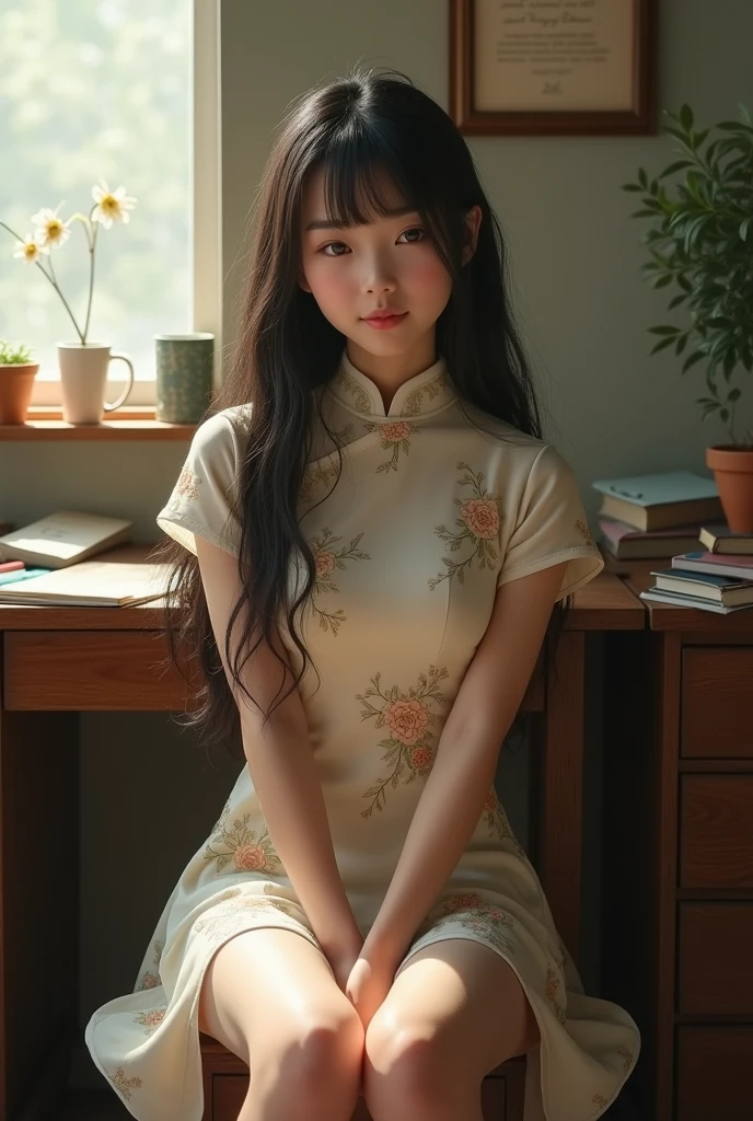 Young teenage Asian girl in white cheongsam with embroidert, sitting on a desk with long bare legs crossed 