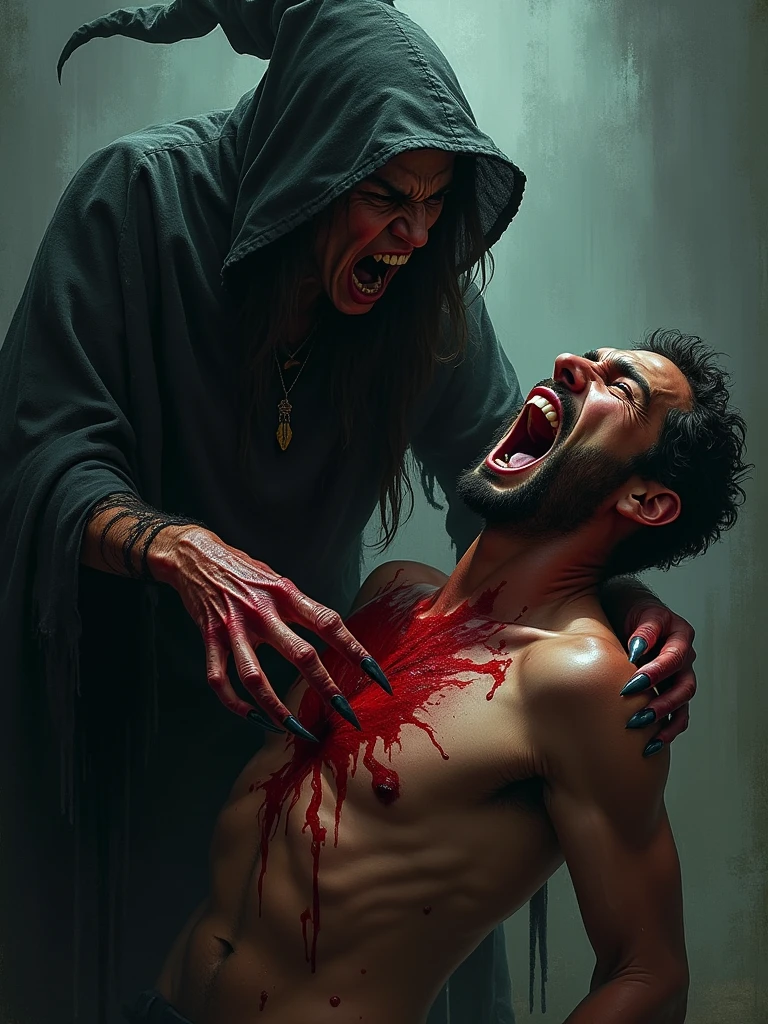 With a quick movement, the witch digs her claws into the man's arm, blood runs through her fingers as he screams in pain."