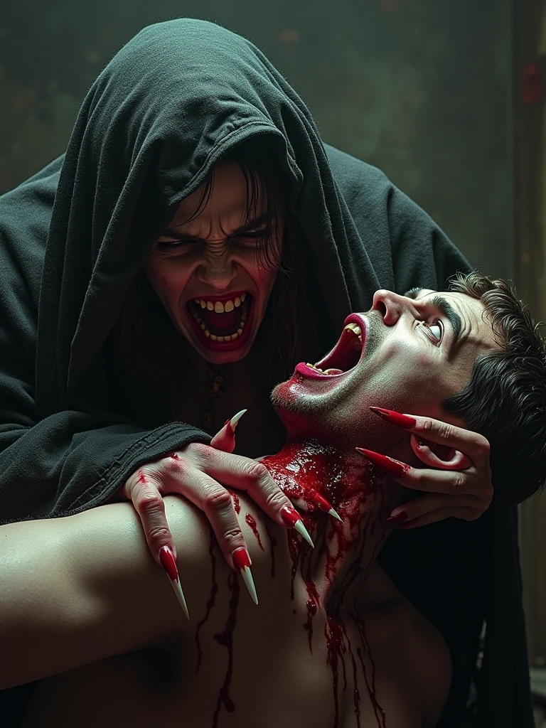 With a quick movement, the witch digs her claws into the man's arm, blood runs through her fingers as he screams in pain."