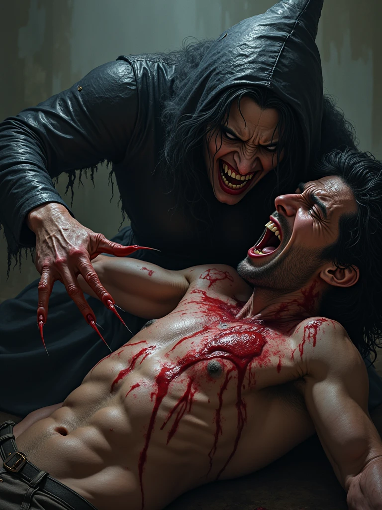 With a quick movement, the witch digs her claws into the man's arm, blood runs through her fingers as he screams in pain."