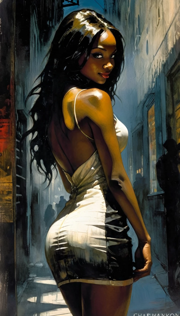 on the city street, in front, girl with her back turned, very sexy, Colombian, black skin, long hair, wearing a sexy dress, head turned; She looks at us, smiles, lifts her skirt and shows part of her ass,eroticism, sexy, black and white image, between shadows, oil painting, chiaroscuro, sensual, dramatic lighting, moody atmosphere, photorealistic, intricate details, masterpiece, ultra-detailed, high quality, 8k, best quality, realistic, cinematic, dark and brooding, expressionistic, powerful composition, emotional impact, art inspired by Bill Sienkiewicz and Dave McKean
