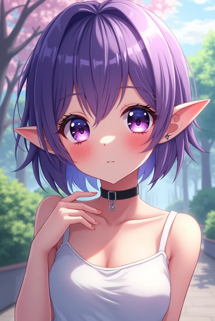 1girl, ((PURPLE SHORT HAIR)), (heterochromia red and blue eyes), wearing white tube top, black choker, detailed eyes, (detailed), elf ears, cute, high res, ultrasharp, 8K, masterpiece, looking at viewer, park background, cute, surprised, red cheek blush, longer bangs