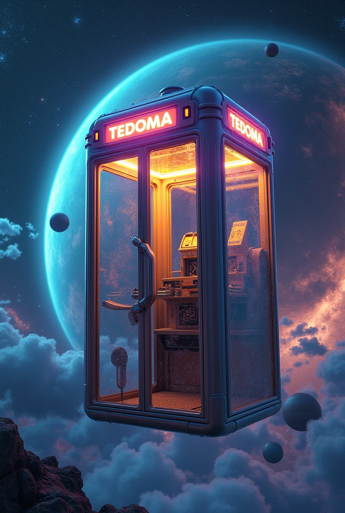 Há uma cabine telefônica flutuando no universe, planetes, Star dust, contrasting colours, yellow, purple, cerulean, poeiras do space, stele, Eye of God, rendered in keyshot, police station, futuristic cabins, cabine no estilo TRON LEGACY, luzes nas cores cerulean e dourada, cabin made of glass, transparent cabins, universe, space sideral, represented as a 3D rendering, 3D rendering beep, space, phone booths, TEDOMA written at the top of the cabin, promotional rendering, sci-fi magic highly detailed.