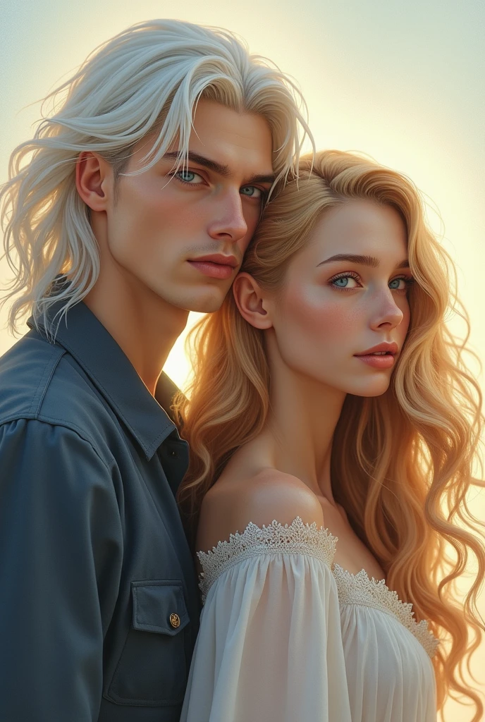 handsome young man with flowing white hair and a woman with long blonde hair