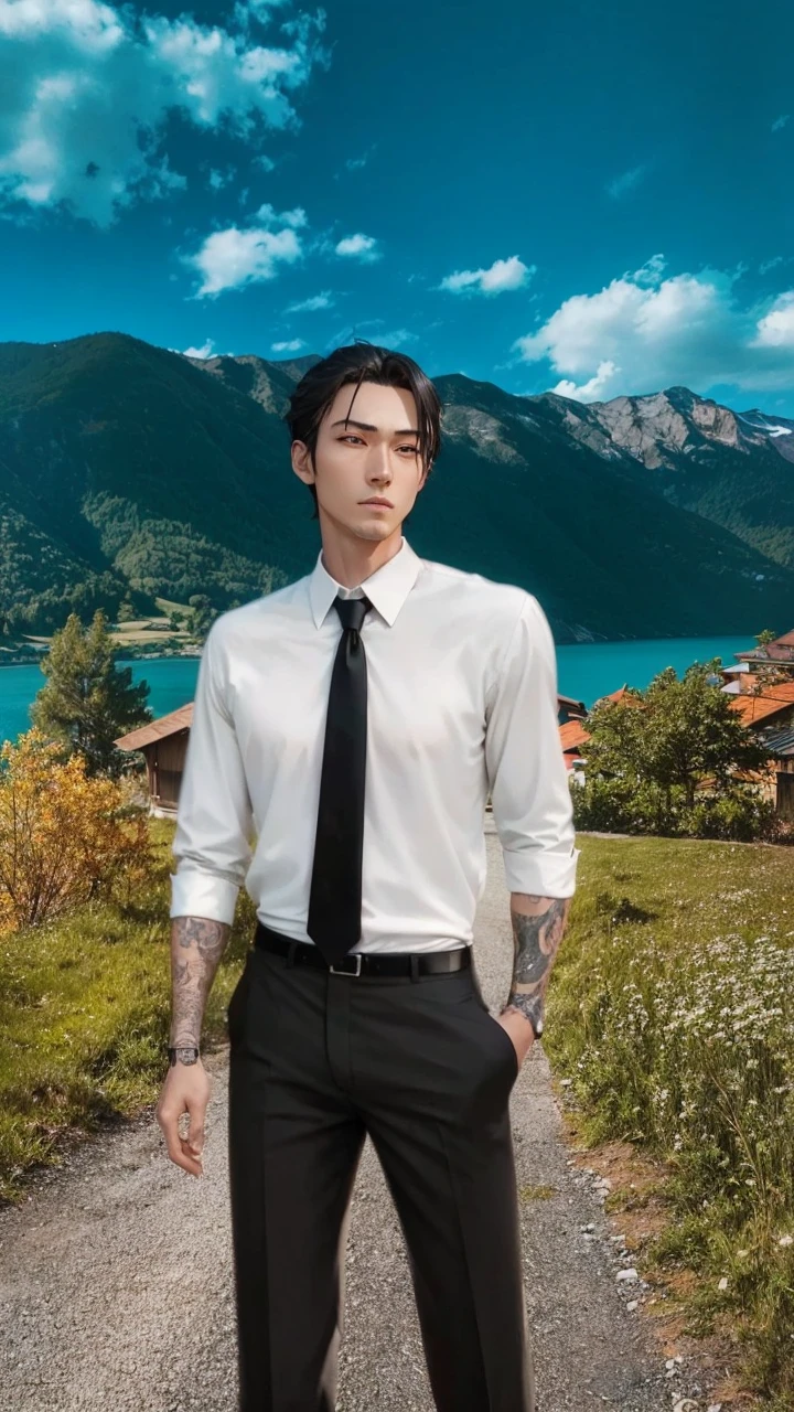 a dashing male anime character with a thin, handsome face, charismatic "shanks" in the "one pice" series wearing a white shirt, short trousers, three scars on the left eye and holding a pirate katana, and a black robe, hair red, gray shorts reaching to the knees, with HD resolution, 4k anime with a forest and water background, falling rain. wet.