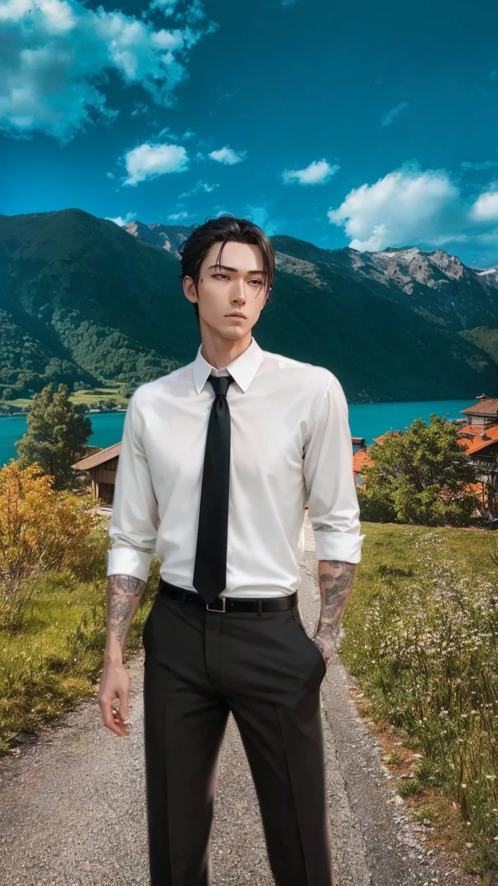 a dashing male anime character with a thin, handsome face, charismatic "shanks" in the "one pice" series wearing a white shirt, short trousers, three scars on the left eye and holding a pirate katana, and a black robe, hair red, gray shorts reaching to the knees, with HD resolution, 4k anime with a forest and water background, falling rain. wet.