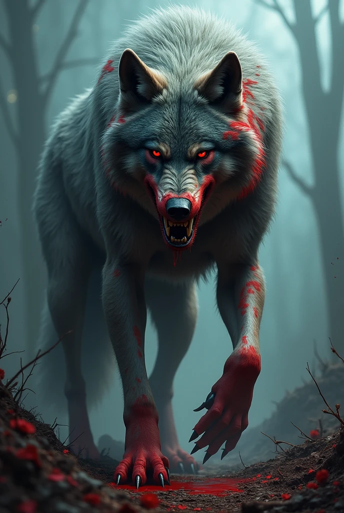 Blood-soaked killer wolf with a chilling stare

