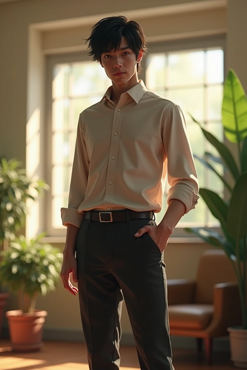 Hyperrealastic, man, stand on campus placement interview, wearing Cort pants, black hair, indoors, soft lighting, plants in background, with sunlight, college room, nervous pose, hyper realistic, intricate details, warm colors