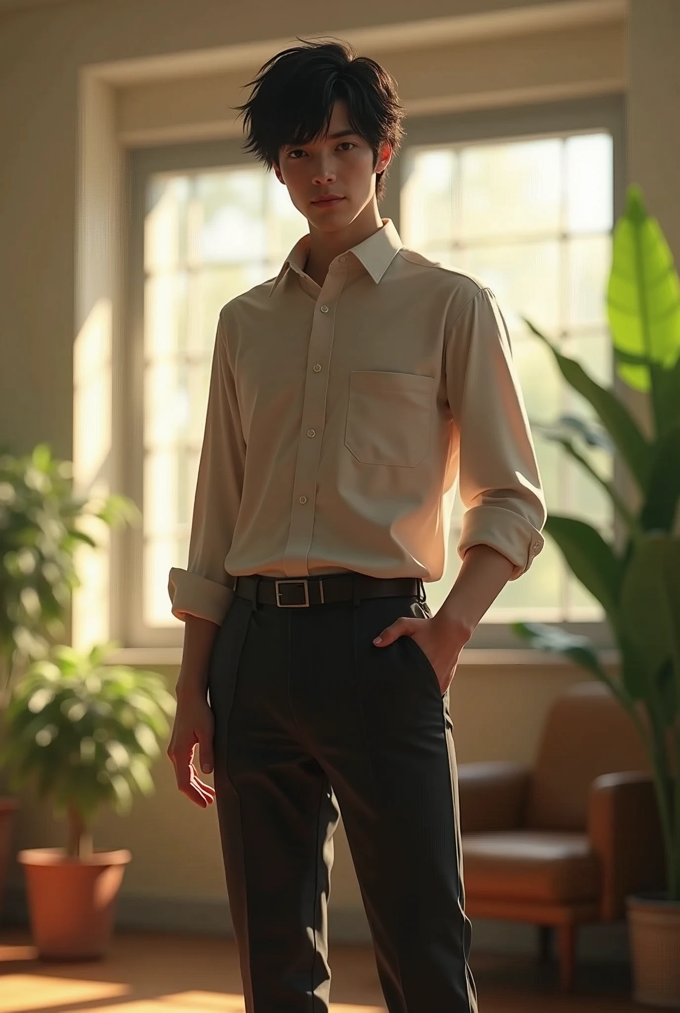 Hyperrealastic, man, stand on campus placement  interview, wearing Cort pants, black hair, indoors, soft lighting, plants in background,  with sunlight, college room, nervous pose, hyper realistic, intricate details, warm colors