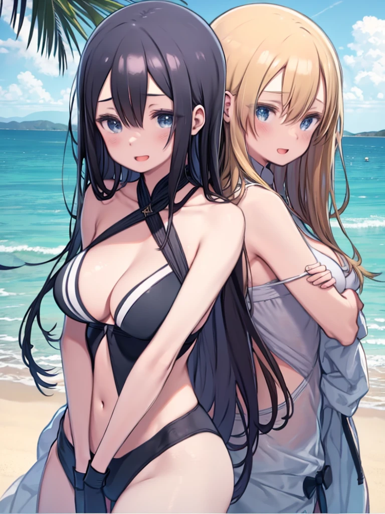 One mature woman with long blonde hair and large breasts.、One black-haired male,Fresh face,Walking together、Dating at the beach、See each other、smile、Open your mouth a little、Summer landscape、Swimwear、Upper Body、blush、Shy、To intertwine each other's arms、ビキニのSwimwearを着た女性、belly button、