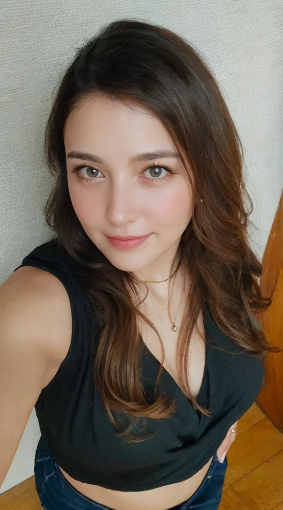 Image is a portrait-style photograph featuring a woman with fair skin and long, wavy brown hair. She has dark, expressive eyes and a subtle smile. She is wearing a black sleeveless top and a delicate necklace with small pendants. The background is a neutral, textured wall, and part of a wooden door frame is visible on the right side of the image. The lighting is soft, highlighting her facial features and creating a warm, inviting atmosphere.