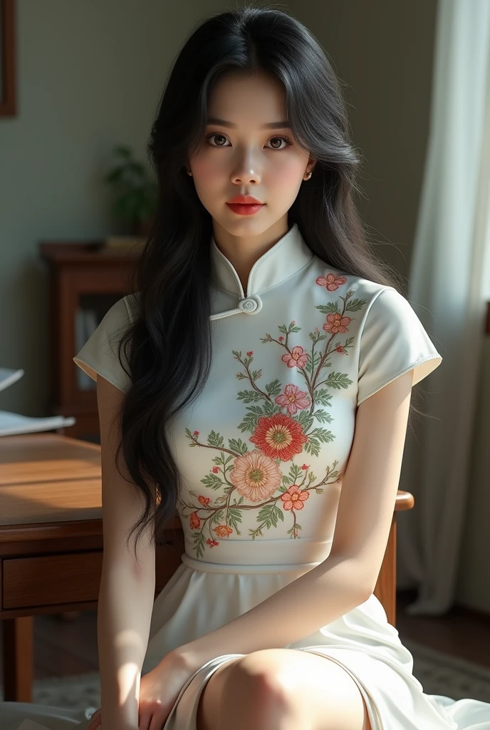Asian girl in white cheongsam with embroidert, sitting on a desk with long bare legs crossed 