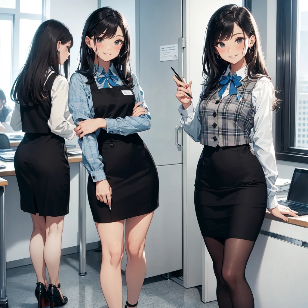 (Best Quality, Masterpiece),Wearing a pink plaid vest, White short sleeved shirt, Gray pencil skirt, Wear stiletto heels, Necklace, earrings, Cute face, Smile, Blushing, Shyness, Glass wall, Ultra Detail, Realistic, Front view, Whole body, stunning, cute, warm smile, hourglass figure, apron, text, chart, advertising, magazine title(Best Quality, Masterpiece), Mag((((1ladyl,)))) (masterpiece), (realistic), (best quality), (ultra-detailed), (wearing in [[white and gray check pattern]] Vest worn over white collared long-sleeved shirt:1.4), (gray vest with buttons:1.2), (Pink Theme:1.2), (blue ribbon ribbon:1.3), (Black theme:1.4), (Tight black pencil skirt:1.5), ((Brown pantyhose)), (high-heels:1.1),longskirt,office desk, office chair,Lulubre Unity 8K Wallpaper, pantyshot, long brown hair, office lady 