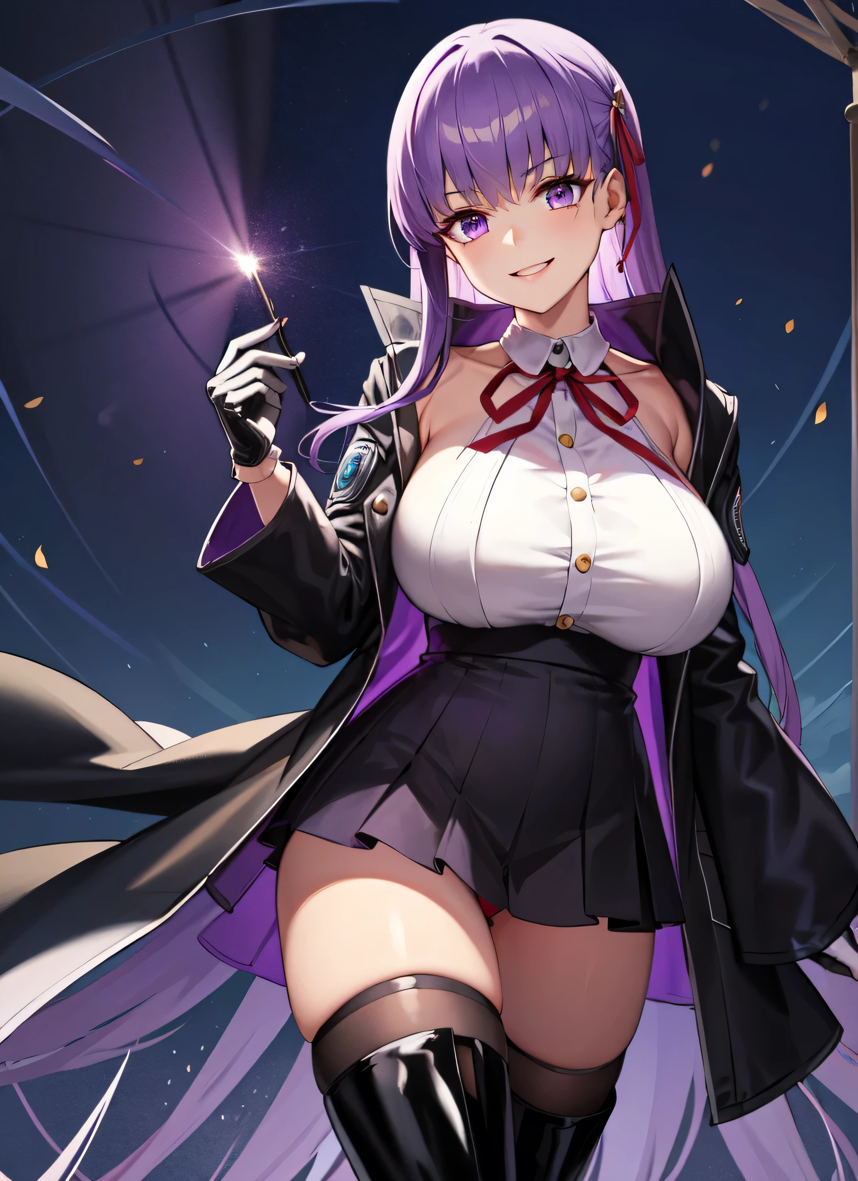  Isoscale, Mid Shot,  night, ,,, Purple Hair, Black jacket, White shirt, Black Skirt, Red ribbon, Big Breasts, Purple eyes, White gloves, Long Hair, Large collar, Wicked Smile,,Thigh-high boots,(Wicked Smile:1.3),Highly detailed CG Unity 8K wallpapers, Perfect lighting,,Looking down at the viewer,,Anxious smile,Black and purple world background,deep shaded face(eyes in shadow),solo,yandere,latex