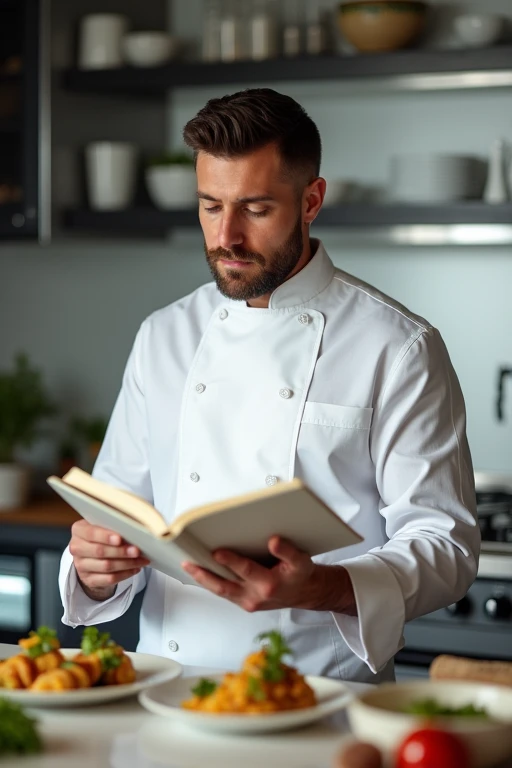 A man is in the kitchen, looking at a recipe book with confidence. dice: "Today I'm going to cook something gourmet".