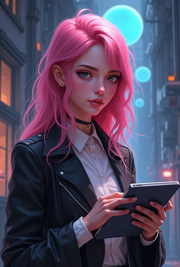 artwork depicting a woman with a tablet and pen, матовая digital illustration, digital illustration, in digital illustration style, pink girl, nft-portrait, Стилизованная digital illustration, Dreamy girl in cyberpunk style, glossy digital painting, stylized digital art, neoartcore and Charlie Bowwater, Digital fantasy illustration, Digital artist, реалистичная digital illustration, cyber school girl