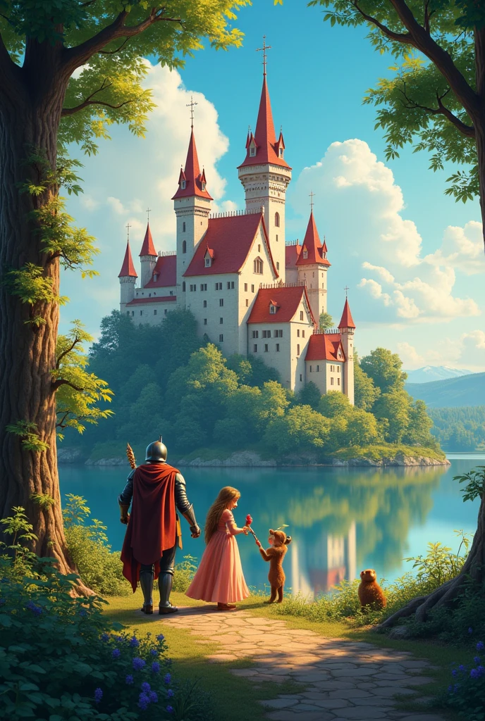 Generate a disney like movie poster that would be placed in Trakai castle. Add title Lithuania in top middle of the poster