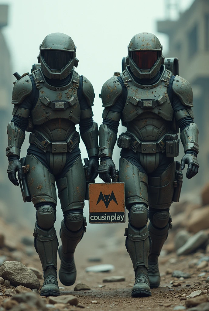 Two futuristic soldiers, In an apocalyptic world, with their damaged armor, with a sign saying cousinplay, with the most visible sign 
