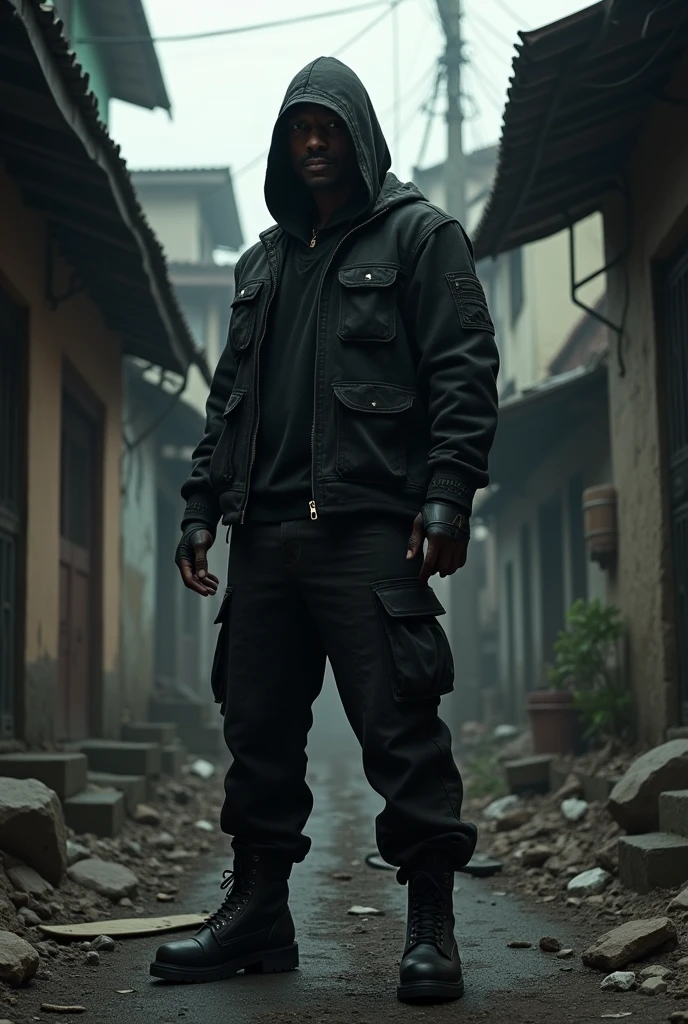 Drug trafficker wearing black clothes in the favela of Eixo de Janeiro, Brazil