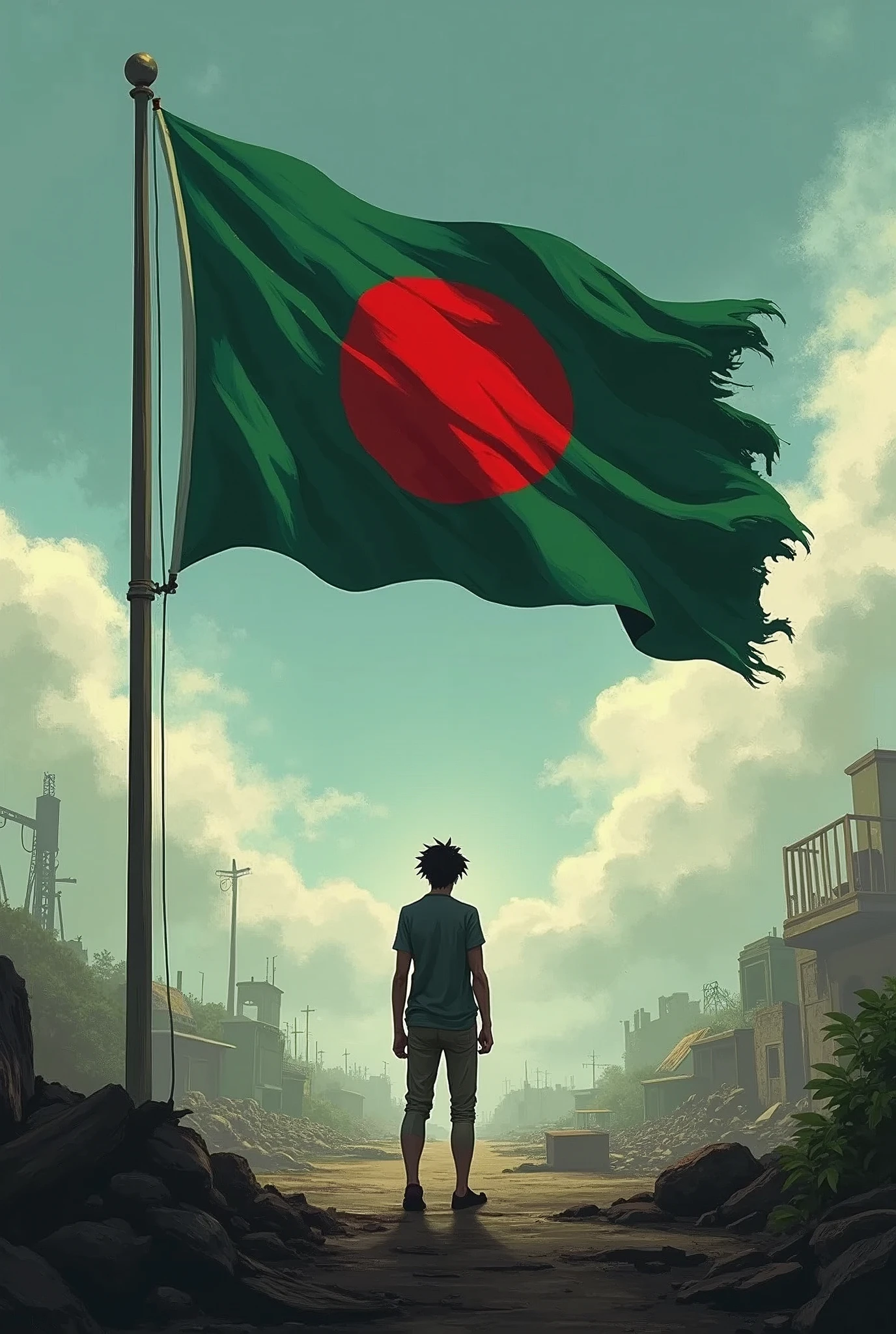 Bangladesh flag like post war anime movie including qoute the price of freedom is eternal vigilante