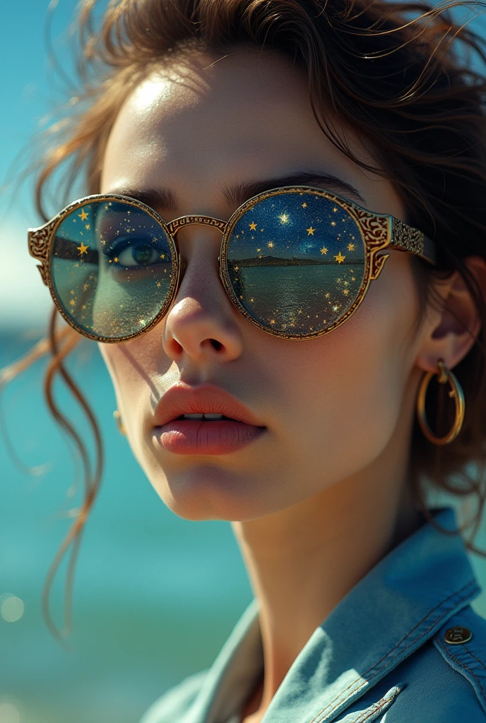 The model is wearing glass sunglasses with stars and the moon on the glass