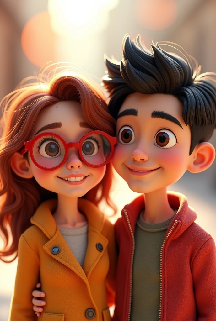 Cartoon characters of a young woman with red glasses wearing a black shirt and an East Asian young man with black hair smiling, animation character, stylized character, animation style rendering, 3D stylized, Arnold Maya rendering, Render 3D stylized, Toon render keyshot, 3D character, 3D character, Stylized 3D rendering, 3d character rendering, cartoon character, Close-up character, Character pose, (pixar style) (master part:1.2) (bokeh) (Best Quality) (detailed skin) (detailed texture) (8k) (clay) (cinematic lighting) (sharp focus